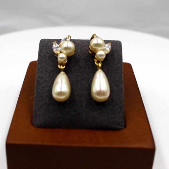 14K CZ and Pearl Dangle Drop Earrings - Picture 2 of 9